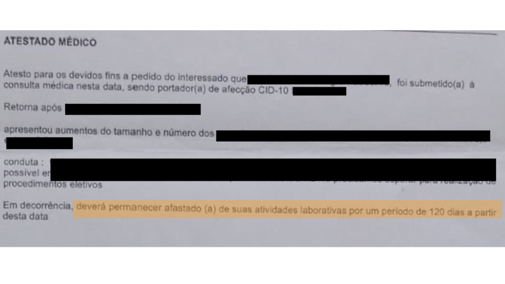 Atestado médico declarando a necessidade de afastamento do trabalho.