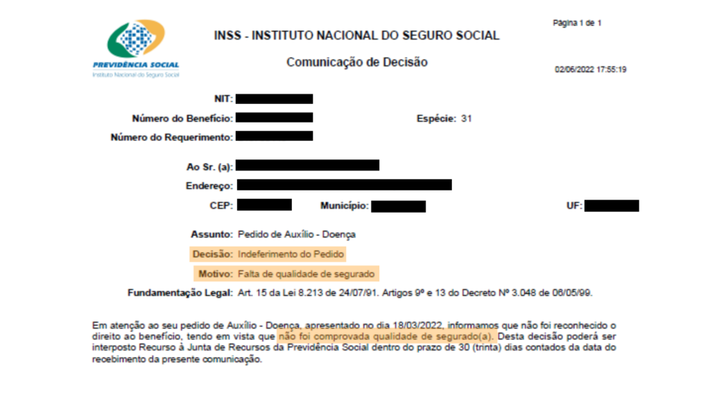 Comunicação da decisão do INSS sobre o benefício de auxílio-doença. Carta de indeferimento.